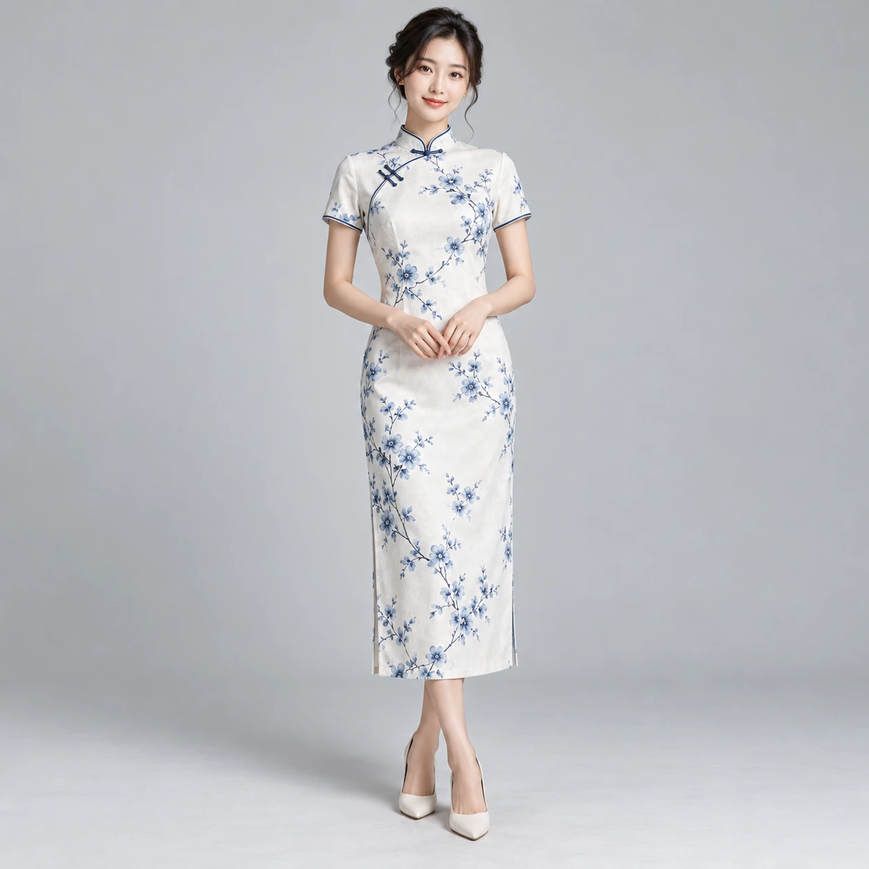 Porcelain Bloom Qipao in Porcelain Blue