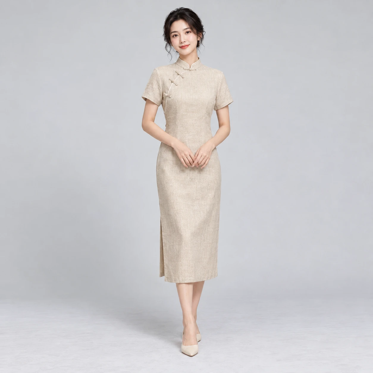 Sandstone Linen Qipao in Sand